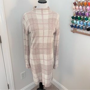 Tahari Cream Plaid Mock Neck Long Sleeve Sweater Dress